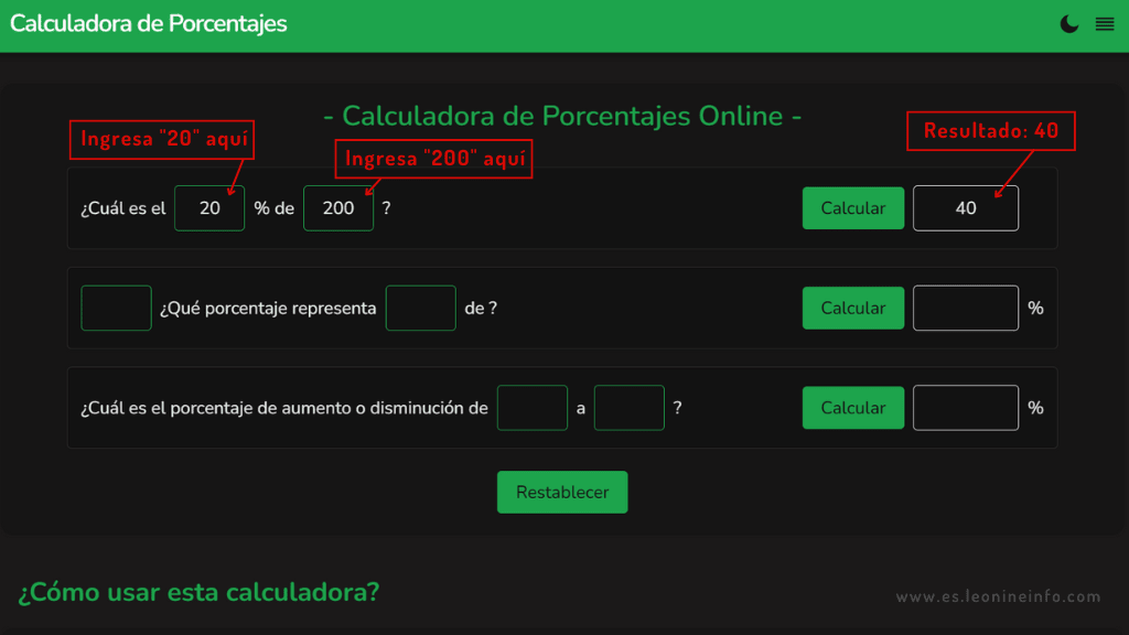 Calculadora de porcentaje con entrada y resultado resaltados